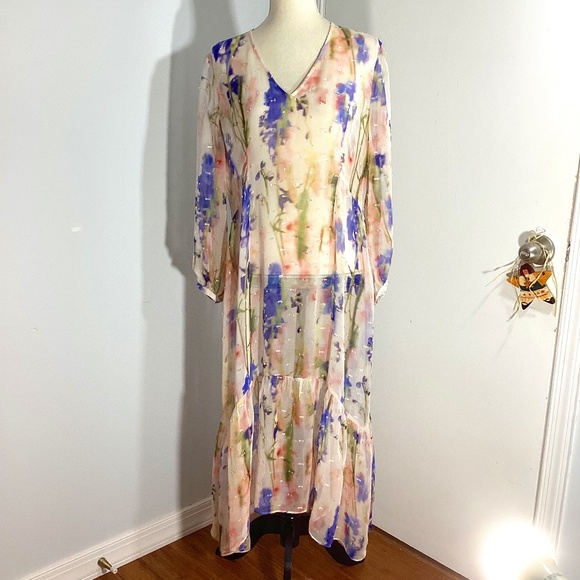 CLUB MONACO WOMAN XL A-LINE CHFFON DRESS SWISS DOTS PASTEL COLORS FEMININE - Picture 1 of 14